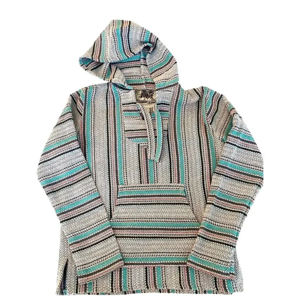 Senor Lopez Hoodie Adult Medium Ivory Blue Baja Woven Mexican Poncho Surf Boho - Picture 1 of 6